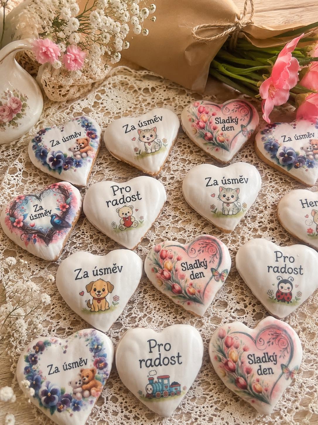 Srdíčkové perníčky s nápisy Za úsměv, Pro radost a Sladký den