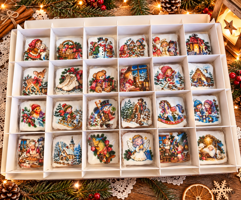 Velký perníkový adventní kalendář – kouzelný adventní kalendář s 24 ručně vyráběnými žitnými perníčky s medem, jemnou bílkovou polevou a krásnými vánočními motivy.

Každý perníček je jednotlivě zabalený a uložený ve vlastní přihrádce. Originální sladký dárek, který zpříjemní čekání na Ježíška. 🎄❤️